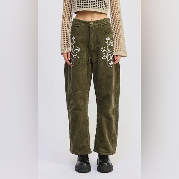 JACQUIE THE LABEL Pants - NWT $169 Sylvie Embroidered Olive Green Corduroy Pants